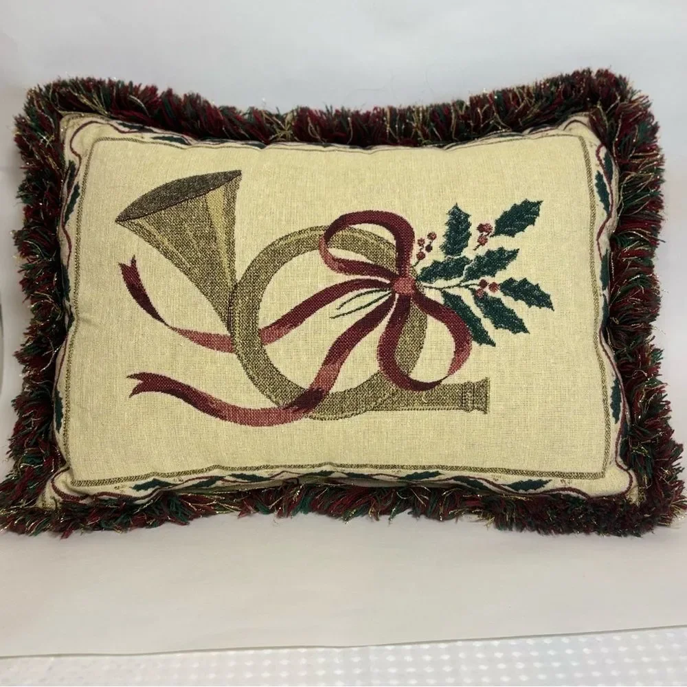 Riverdale Christmas French Horn Holly Berries Fringed Accent Pillow